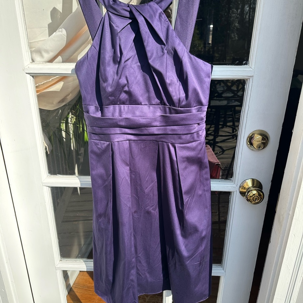 David's Bridal Rich Purple Plum Midi Dress Sateen Cotton Y Neck